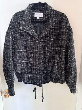 Tribal Jeans Black White Tweed Moto Jacket Size L Oversized Textured